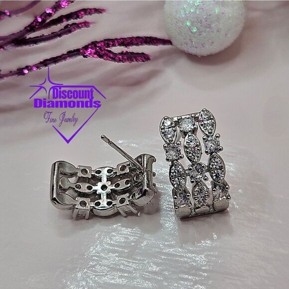 Clear White Baguette Diamond Earrings on 925 Sterling Silver - Picture 6 of 13